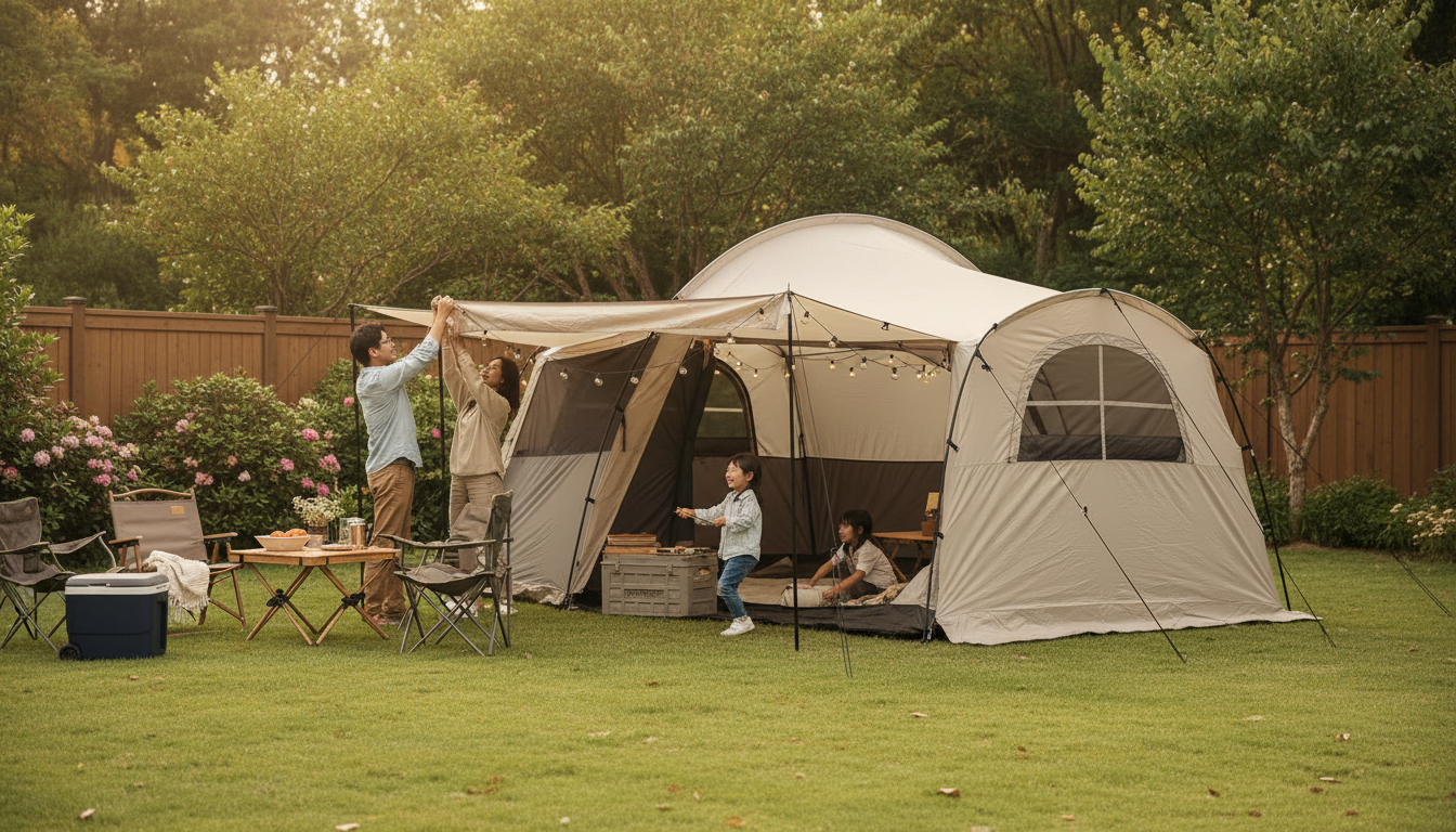 Family Shelter Tent Setup for a Backyard Outdoor Living Room